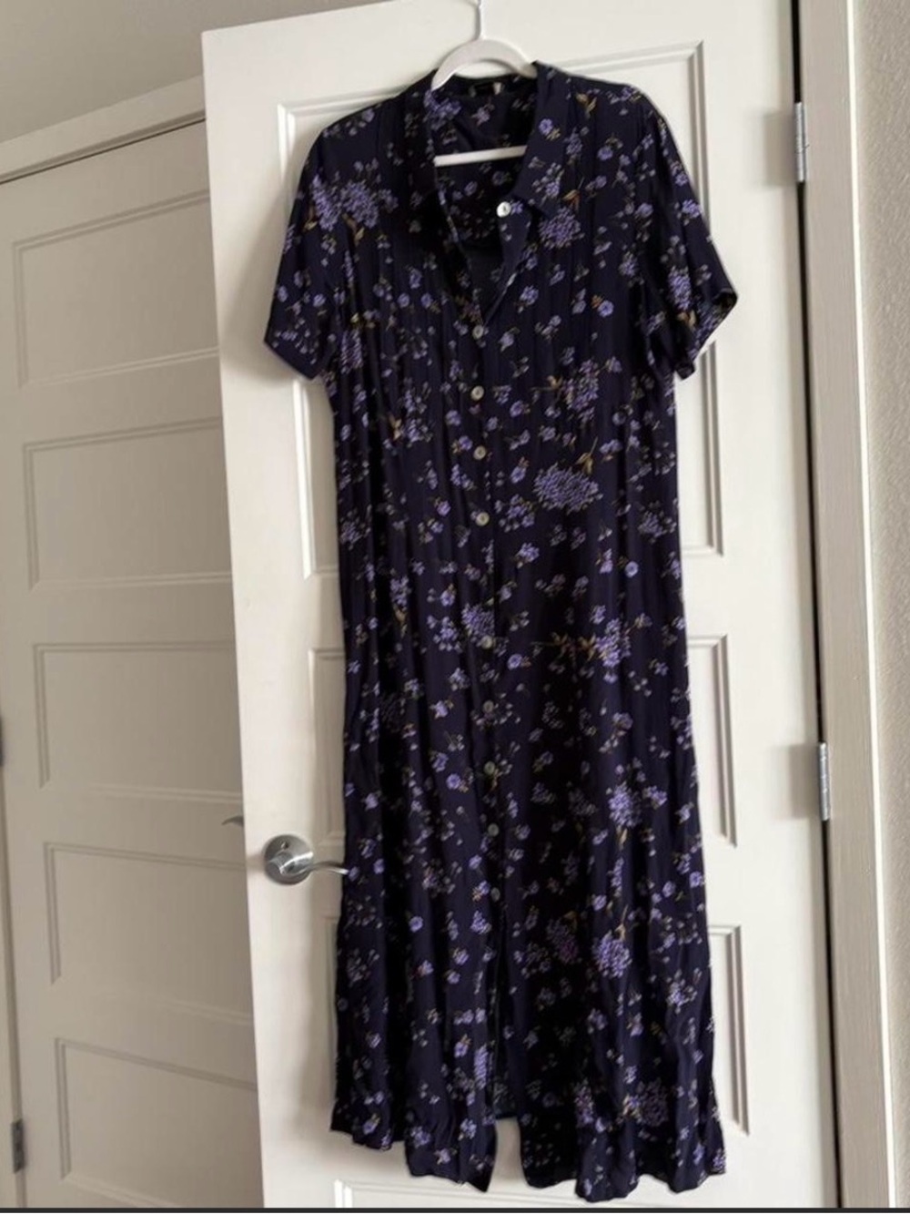 Button-Front Navy Floral Midi Dress